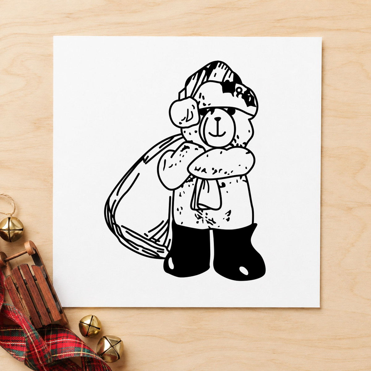 Black impression from a christmas bear stamp, featuring the santa bear with gift bag design on white paper.