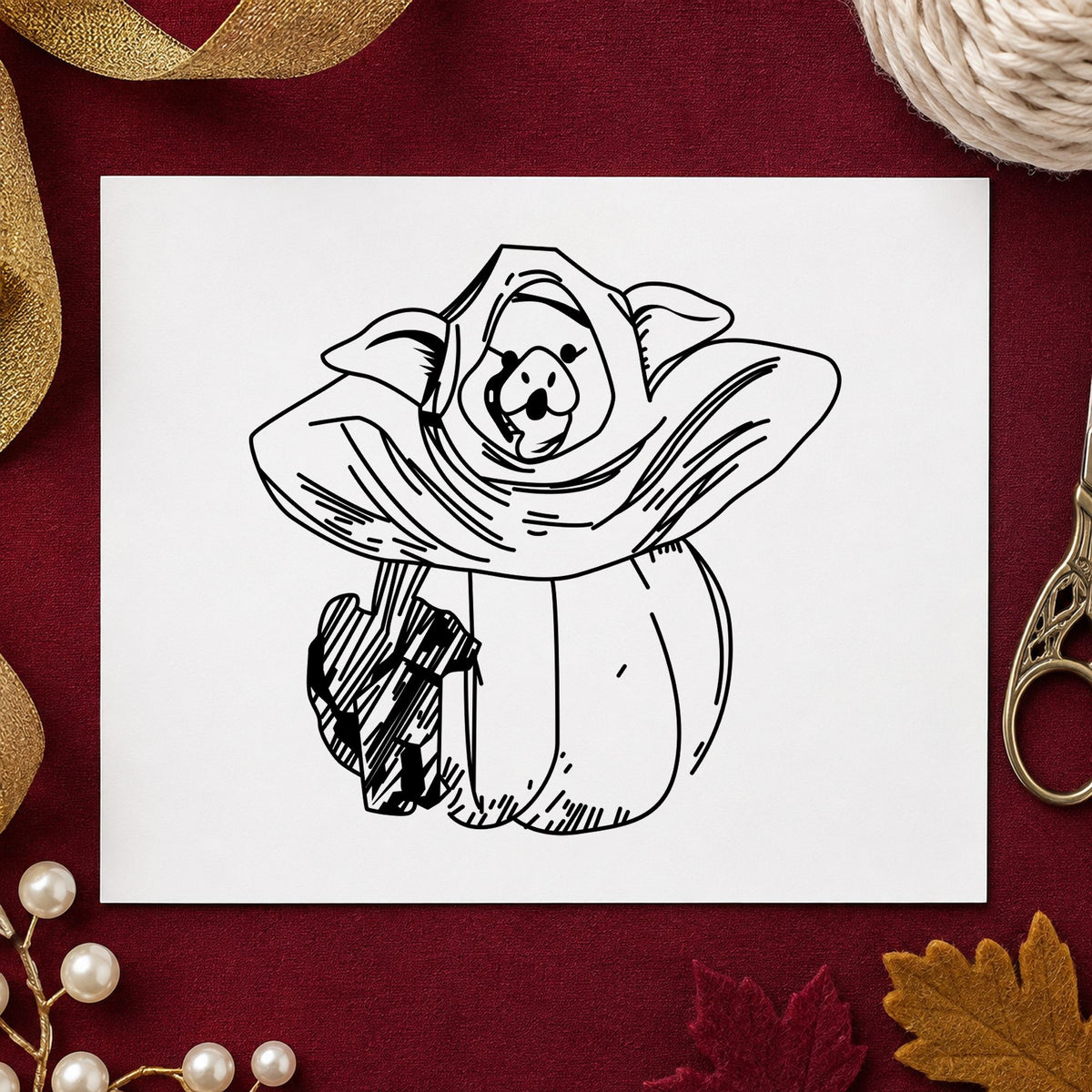Pumpkin Costume Pig and Black Cat Rubber Stamp impression in black ink on white paper in a styled craft setting.