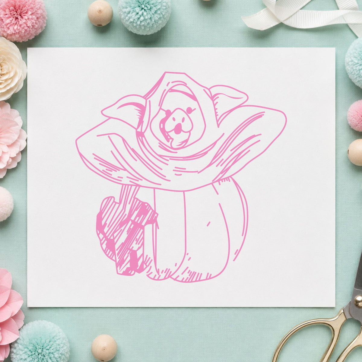 Pumpkin Costume Pig and Black Cat Rubber Stamp impression in pink ink on white paper in a styled craft setting.
