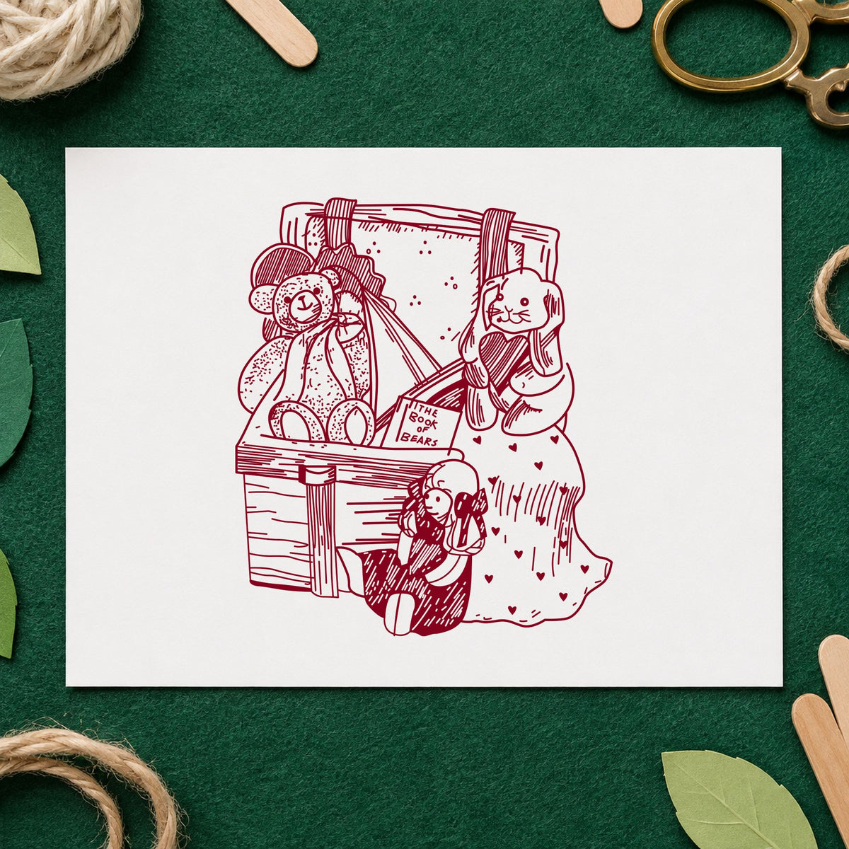 Toy Box with Bear and Bunny Rubber Stamp impression in burgundy ink on white paper in a styled craft setting.