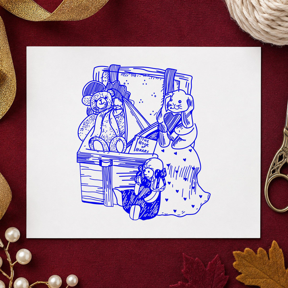 Toy Box with Bear and Bunny Rubber Stamp impression in blue ink on white paper in a styled craft setting.