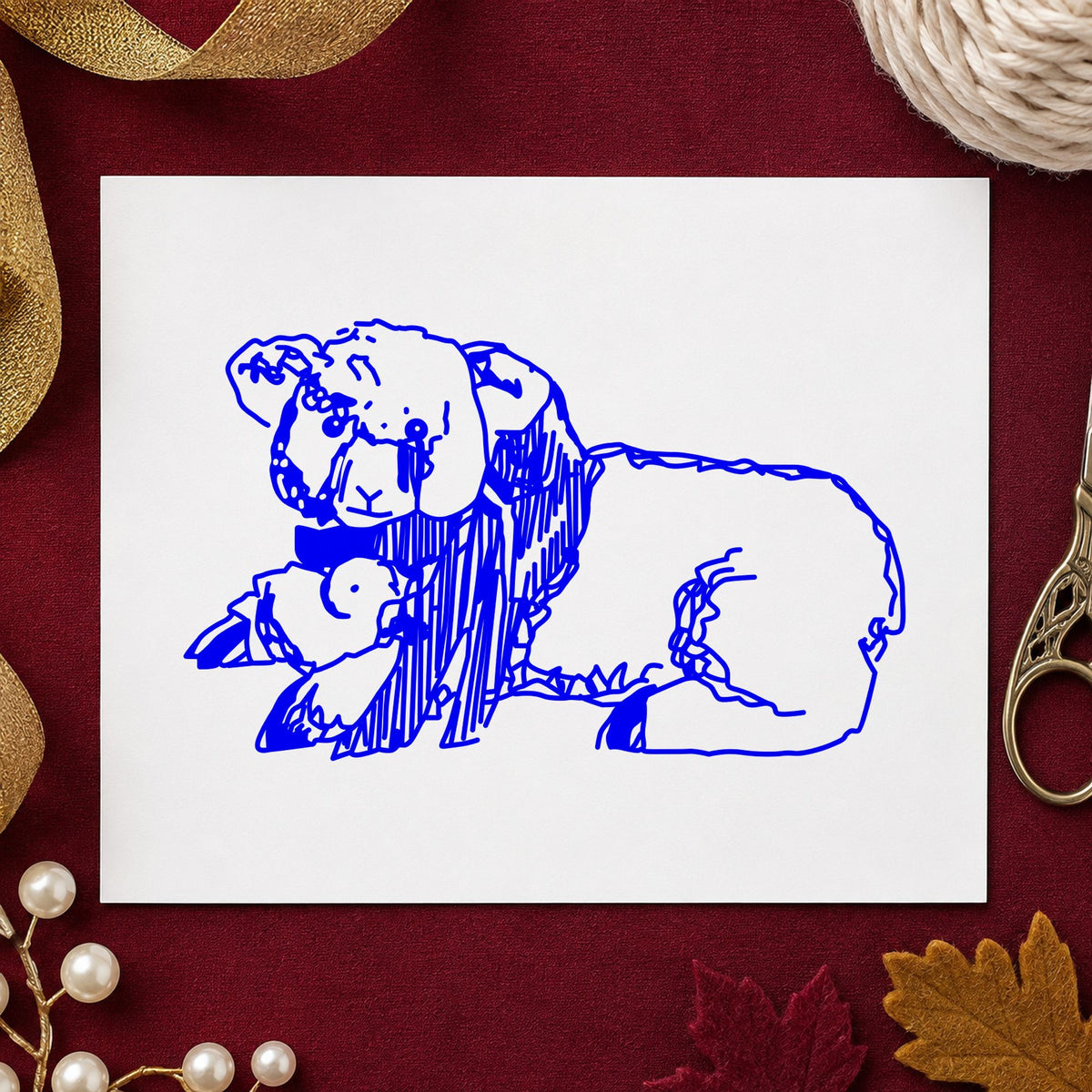 Lamb and Chicken Rubber Stamp impression in blue ink on white paper in a styled craft setting.