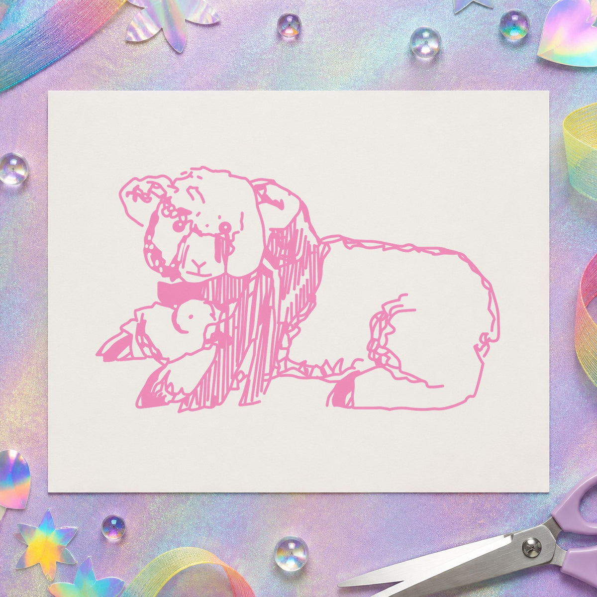 Lamb and Chicken Rubber Stamp impression in pink ink on white paper in a styled craft setting.