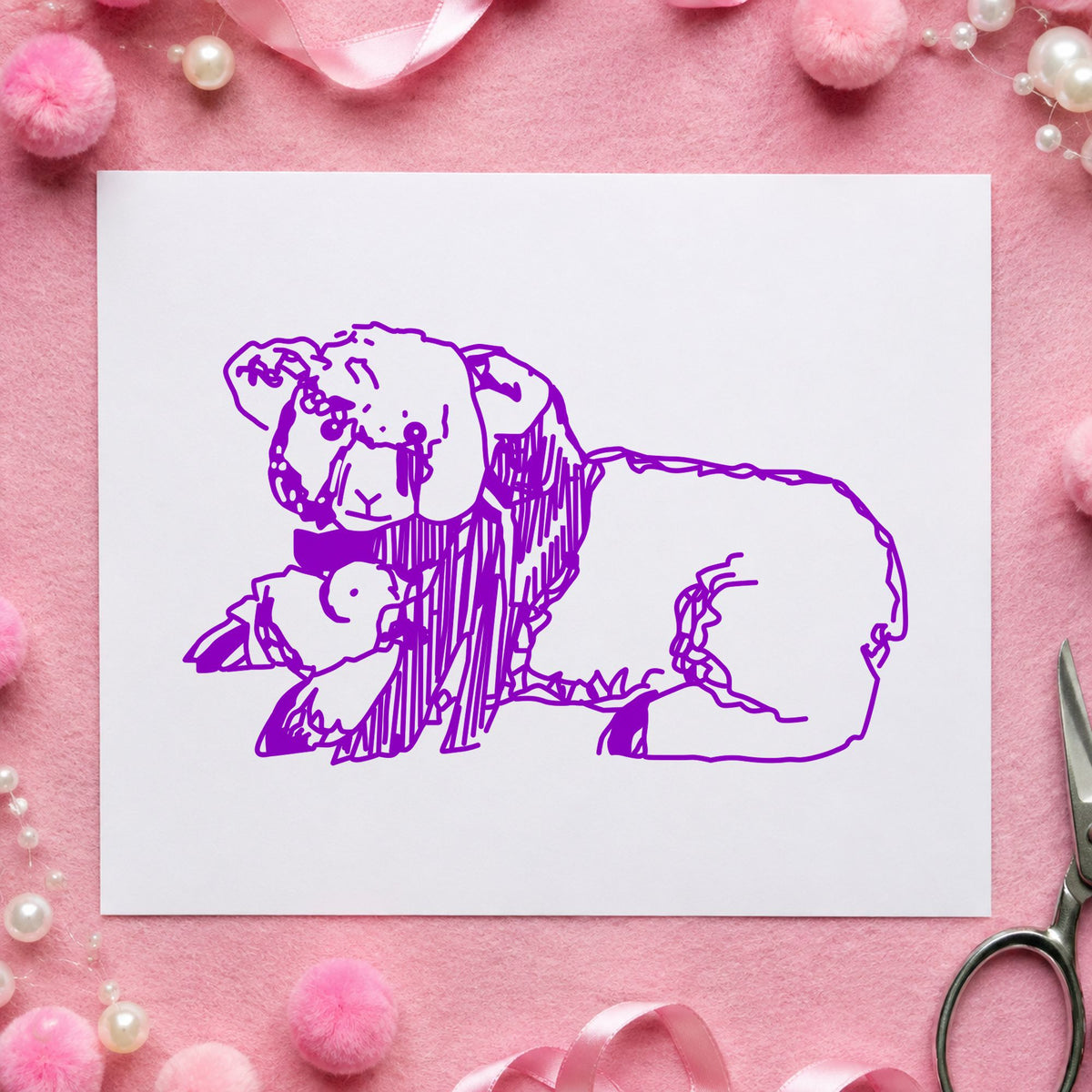 Lamb and Chicken Rubber Stamp impression in purple ink on white paper in a styled craft setting.
