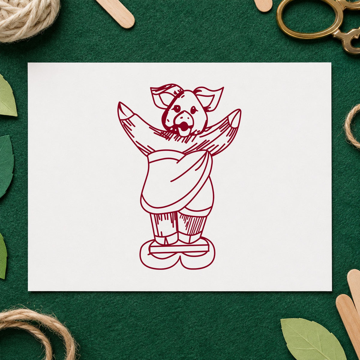 Pig on Bathroom Scales Rubber Stamp impression in burgundy ink on white paper in a styled craft setting.