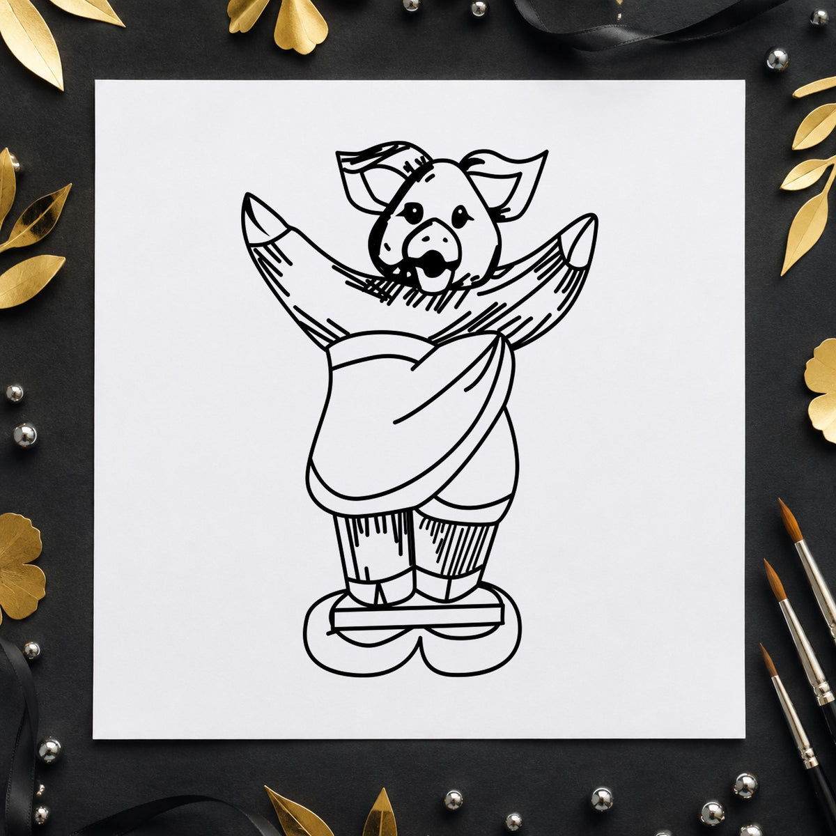 Black impression from a funny pig stamp, featuring the pig on bathroom scales design on white paper.