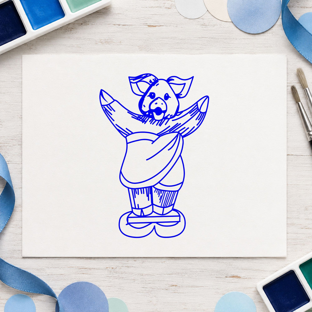 Blue humorous craft stamp impression featuring the pig on bathroom scales design on white paper.