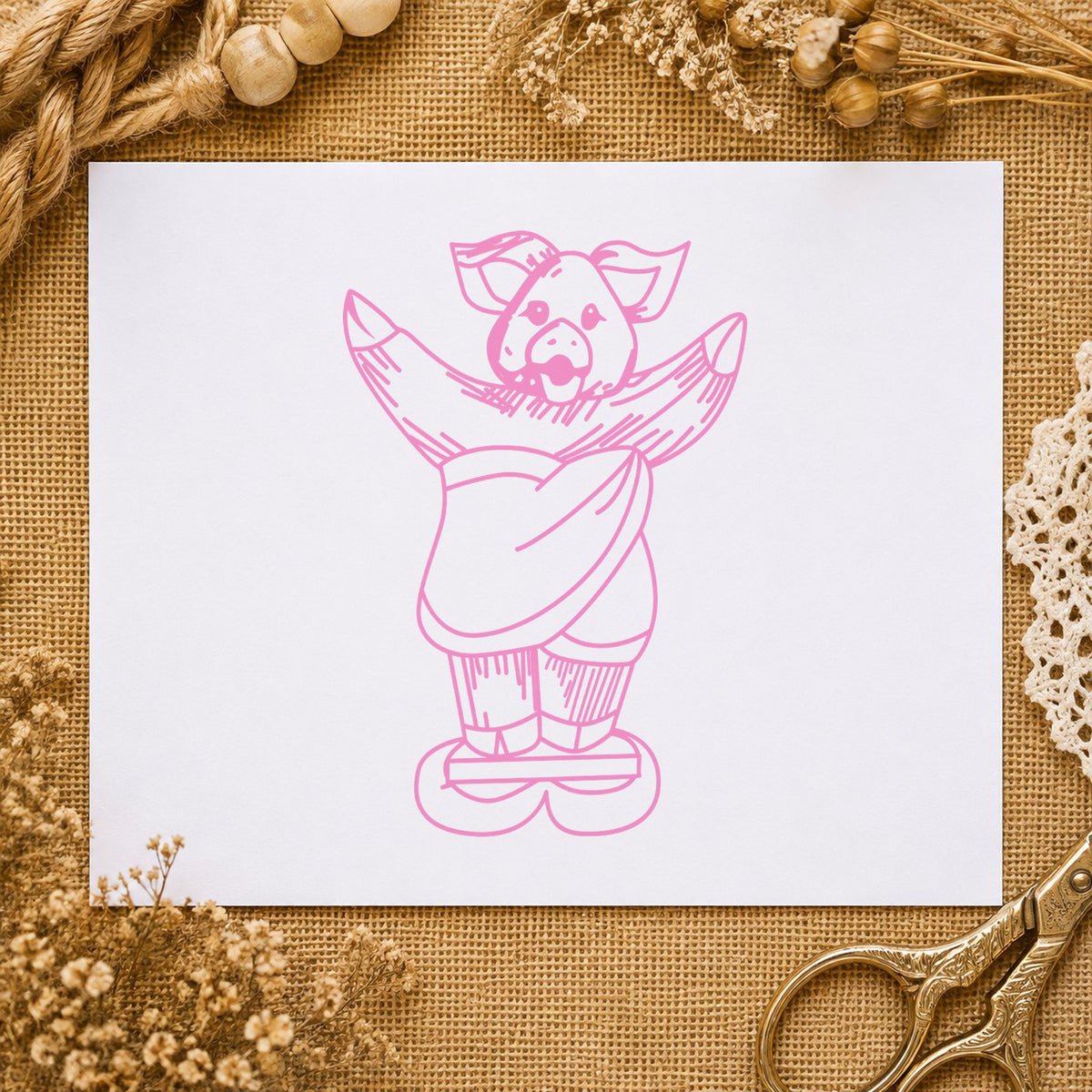 Pig on Bathroom Scales Rubber Stamp impression in pink ink on white paper in a styled craft setting.