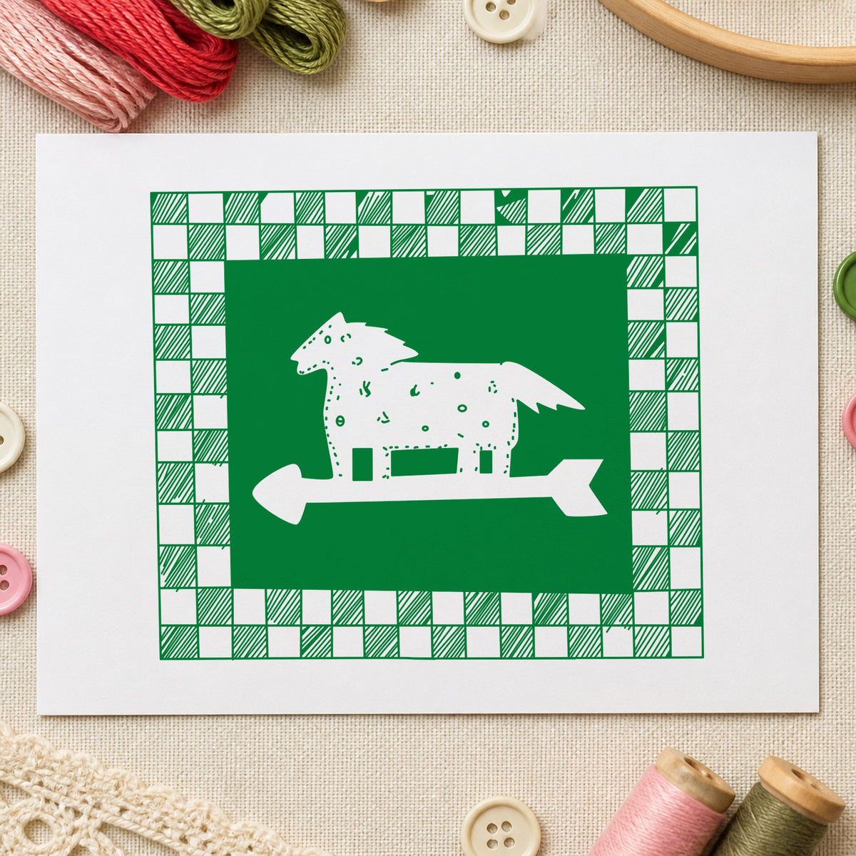 Horse Weathervane Rubber Stamp Checkered Border impression in green ink on white paper in a styled craft setting.