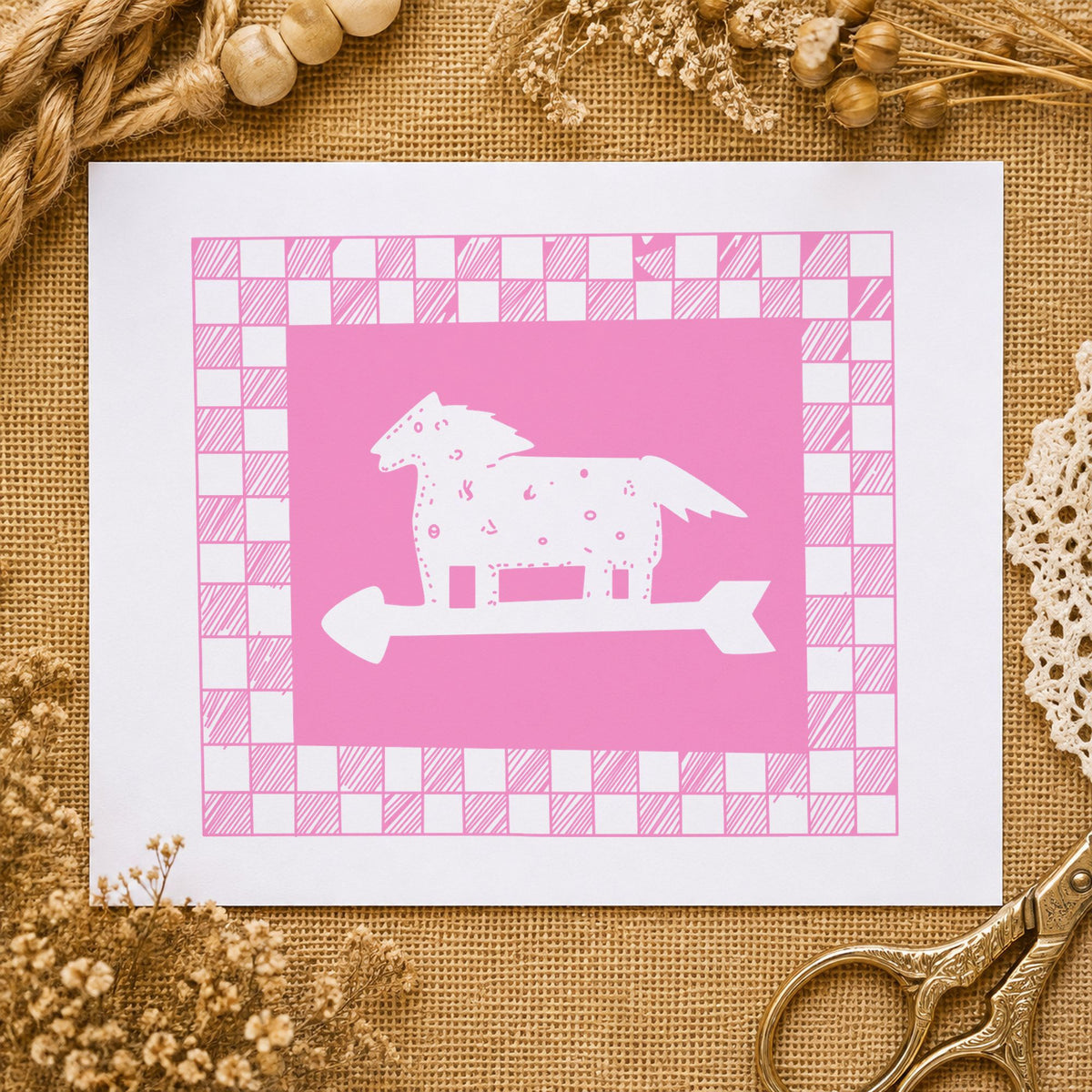 Horse Weathervane Rubber Stamp Checkered Border impression in pink ink on white paper in a styled craft setting.