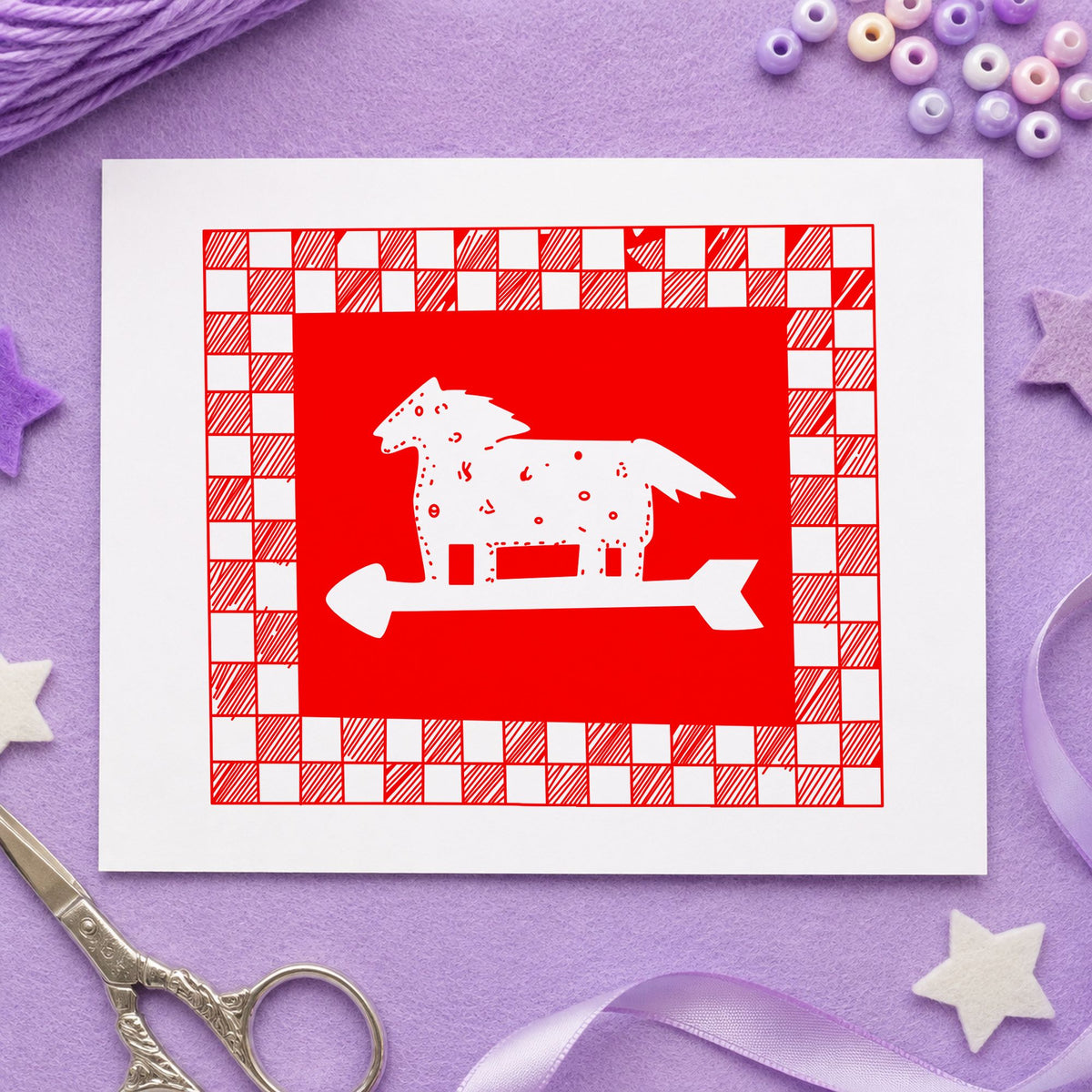 Horse Weathervane Rubber Stamp Checkered Border impression in red ink on white paper in a styled craft setting.