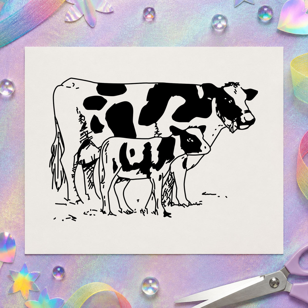 Mother Cow and Calf Rubber Stamp impression in black ink on white paper in a styled craft setting.