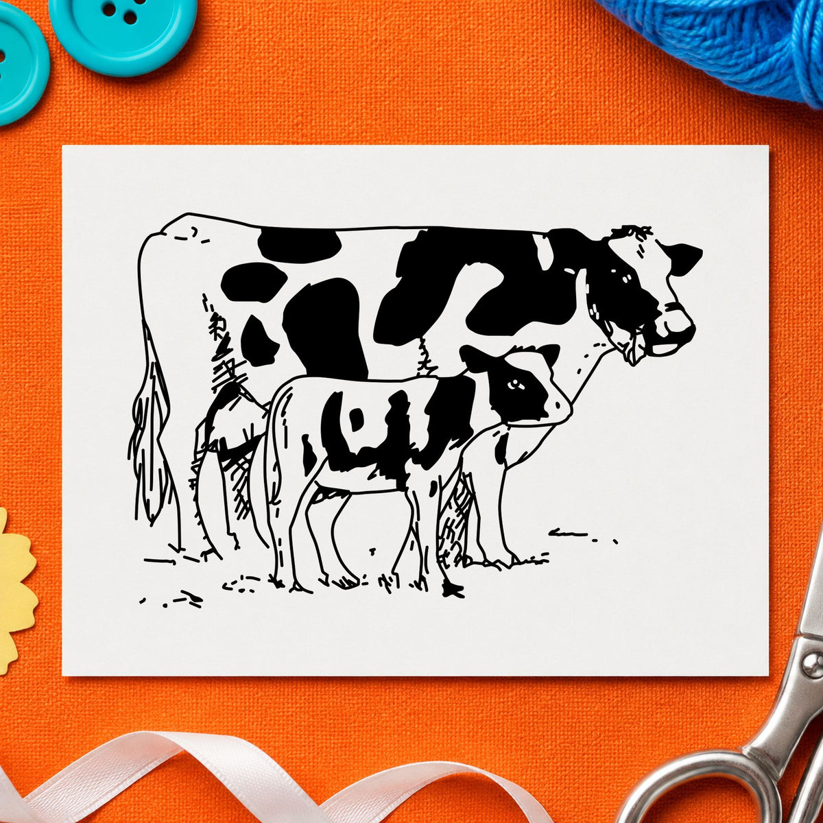 Black impression from a cow and calf stamp, featuring the mother cow and calf design on white paper.