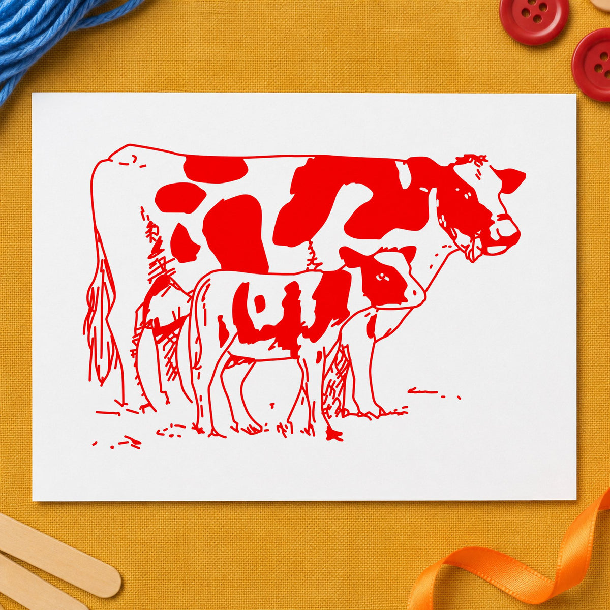 Mother Cow and Calf Rubber Stamp impression in red ink on white paper in a styled craft setting.