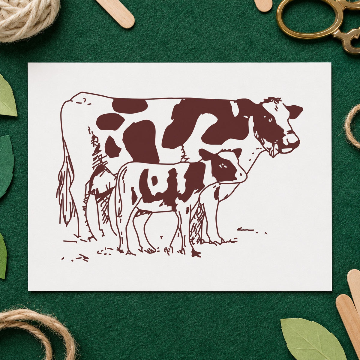 Mother Cow and Calf Rubber Stamp impression in brown ink on white paper in a styled craft setting.