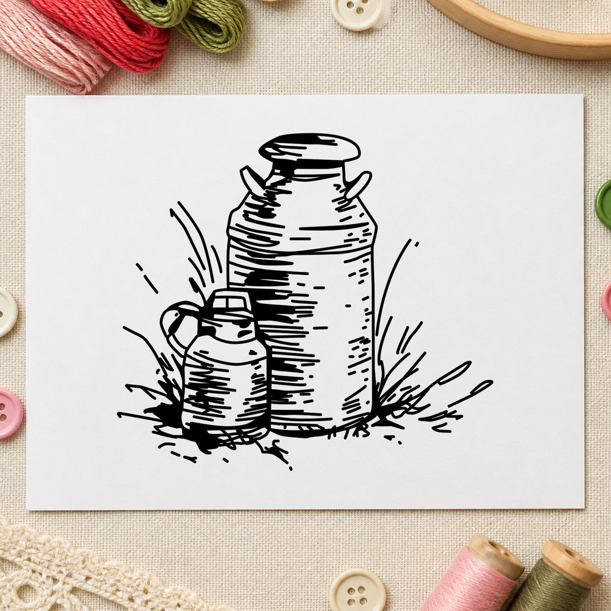 Black impression from a dairy farm stamp, featuring the two milk cans design on white paper.