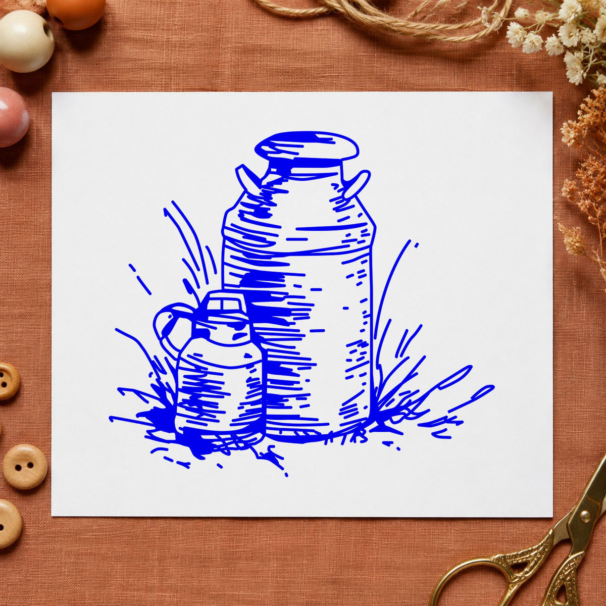 Two Milk Cans Rubber Stamp impression in blue ink on white paper in a styled craft setting.