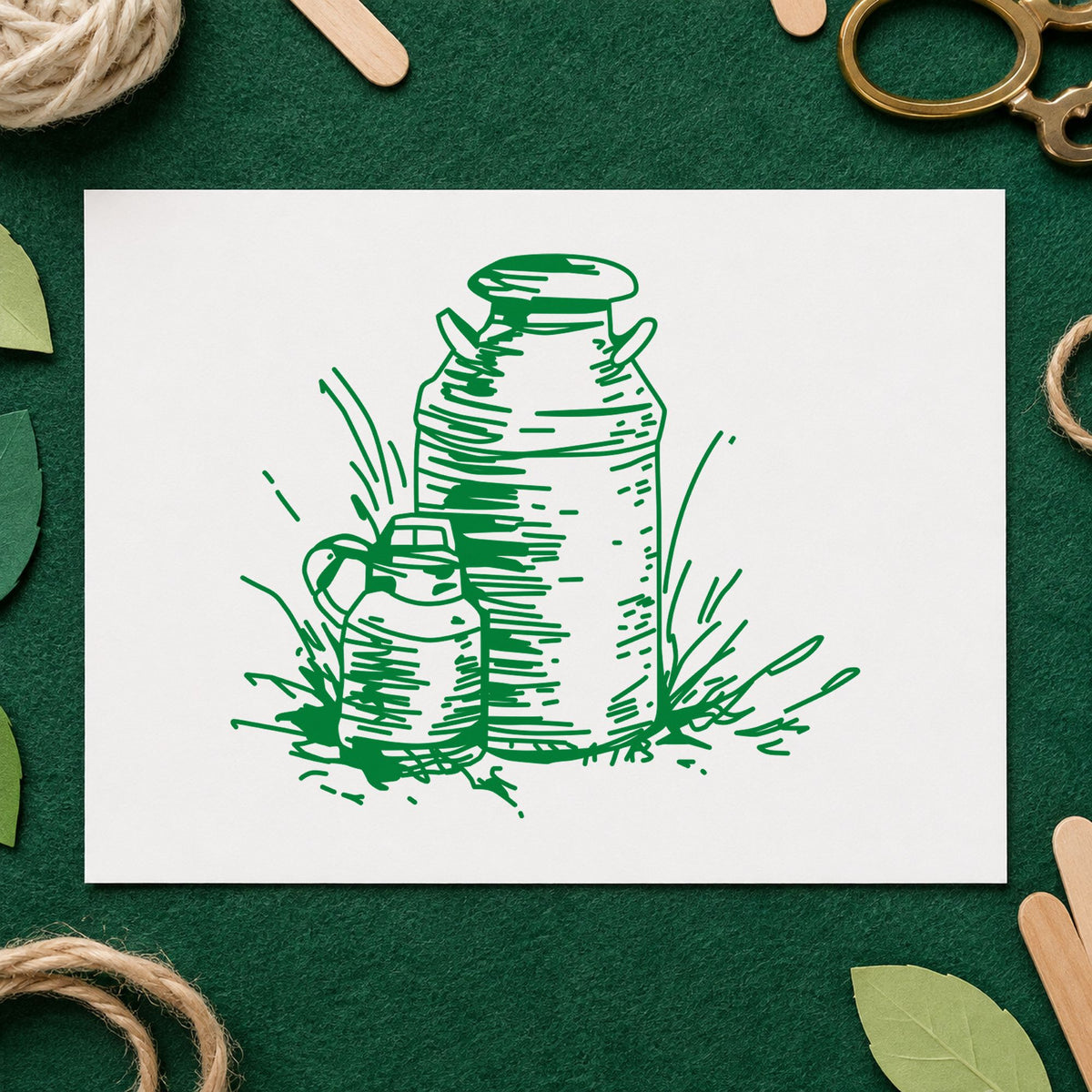 Two Milk Cans Rubber Stamp impression in green ink on white paper in a styled craft setting.