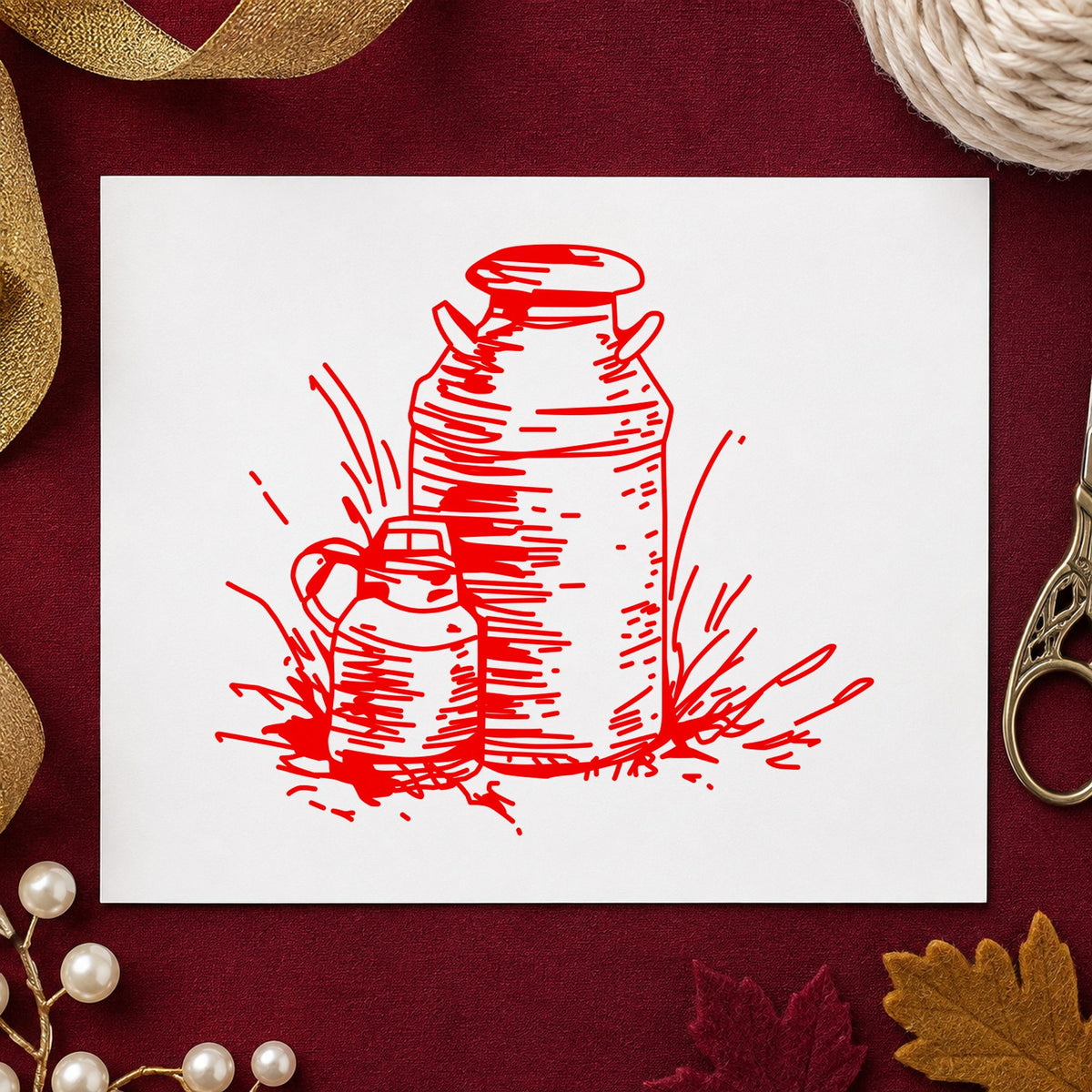 Two Milk Cans Rubber Stamp impression in red ink on white paper in a styled craft setting.