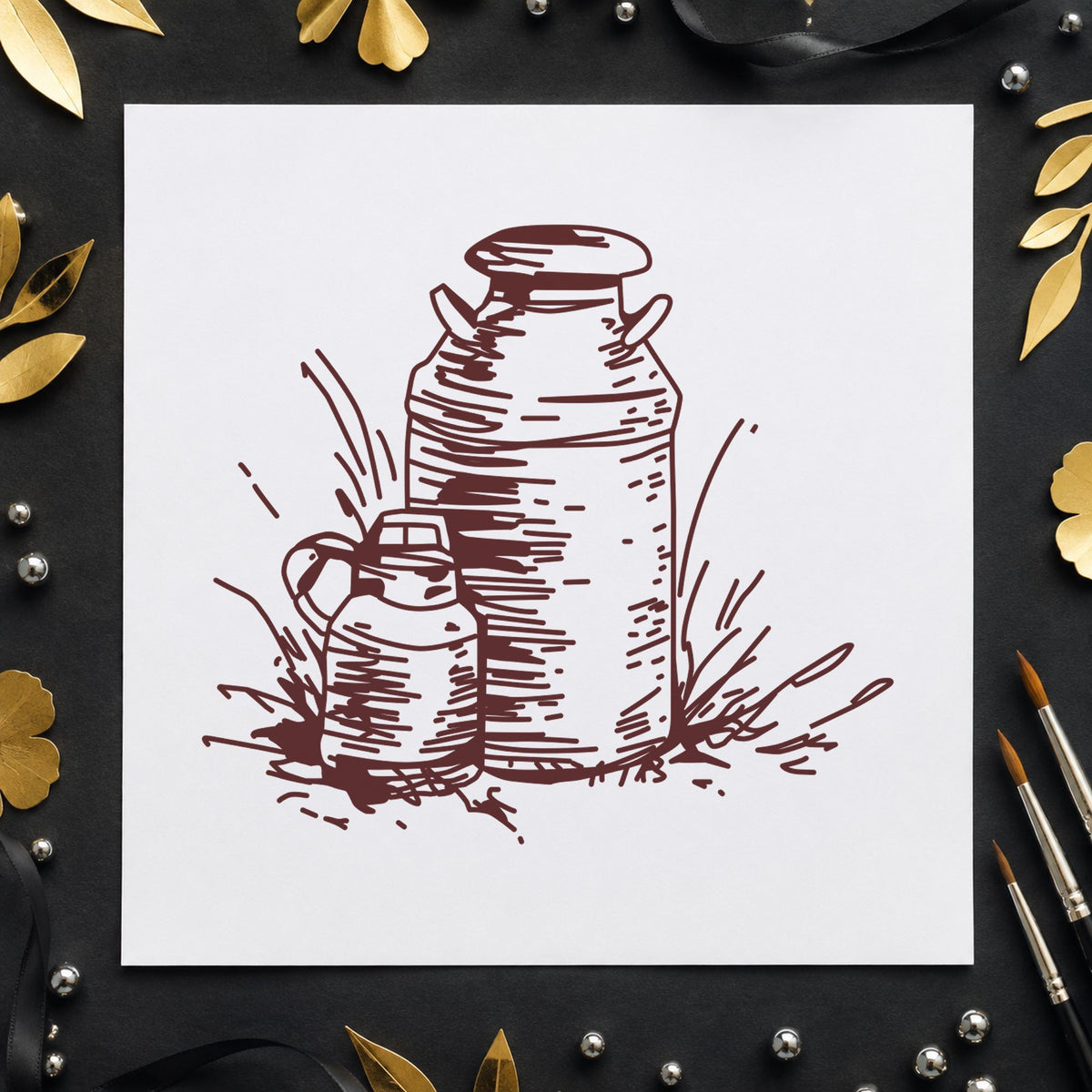 Two Milk Cans Rubber Stamp impression in brown ink on white paper in a styled craft setting.