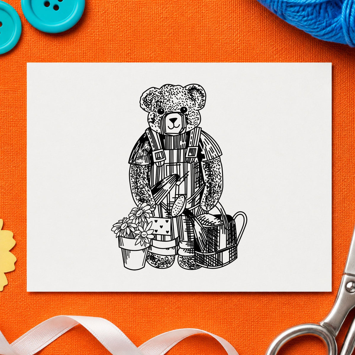 Teddy Bear Riding Rocking Horse Rubber Stamp impression in black ink on white paper in a styled craft setting.
