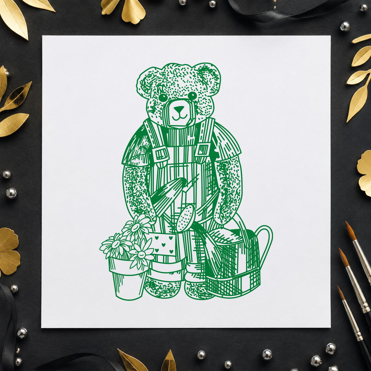Teddy Bear Riding Rocking Horse Rubber Stamp impression in green ink on white paper in a styled craft setting.