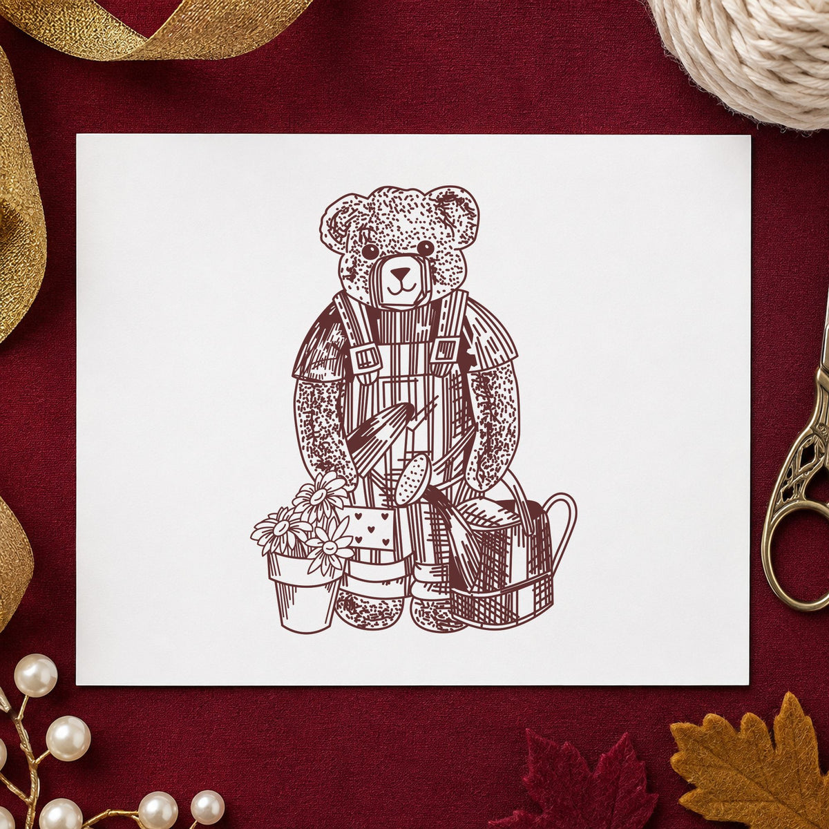 Teddy Bear Riding Rocking Horse Rubber Stamp impression in brown ink on white paper in a styled craft setting.