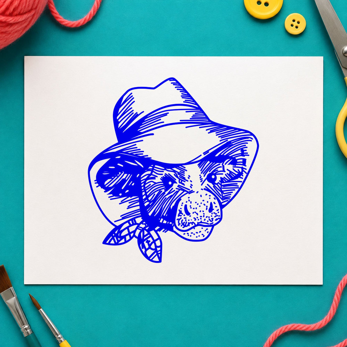 Cow in Cowboy Hat Rubber Stamp impression in blue ink on white paper in a styled craft setting.