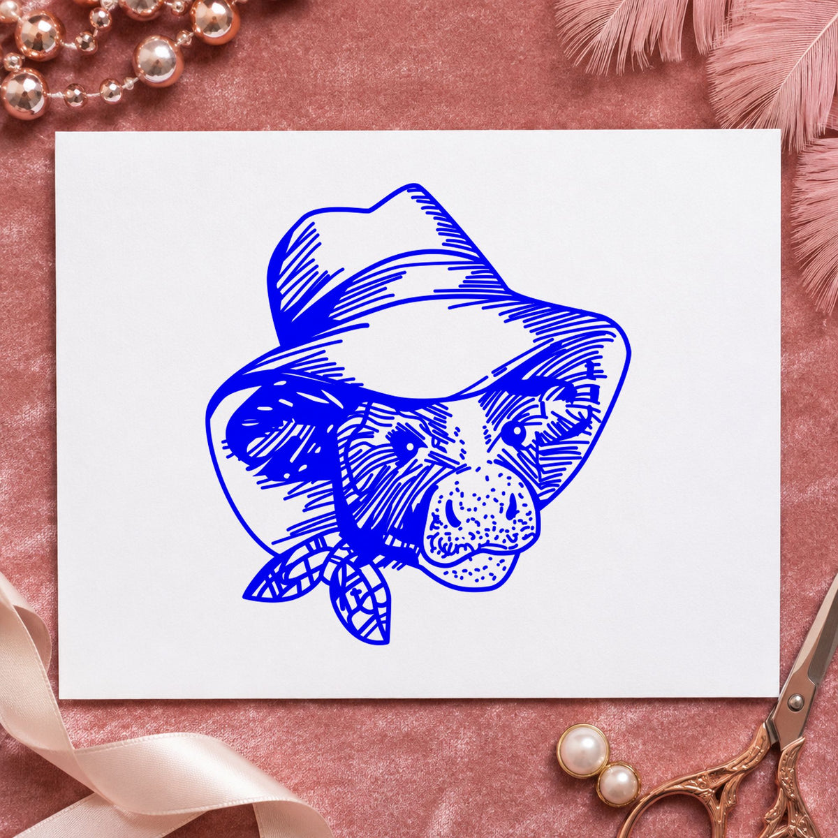 Blue cowboy craft stamp impression featuring the cow in cowboy hat design on white paper.
