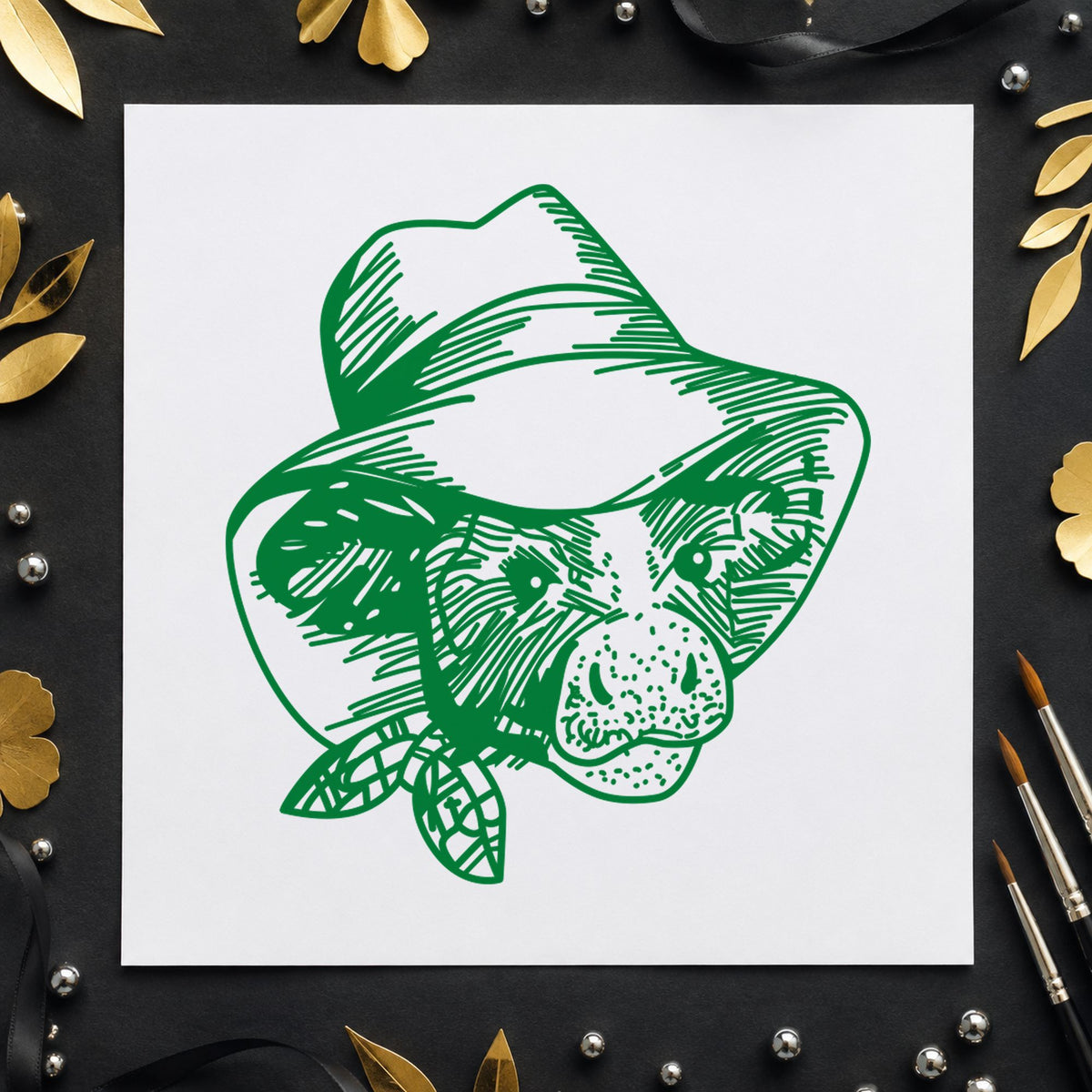 Cow in Cowboy Hat Rubber Stamp impression in green ink on white paper in a styled craft setting.