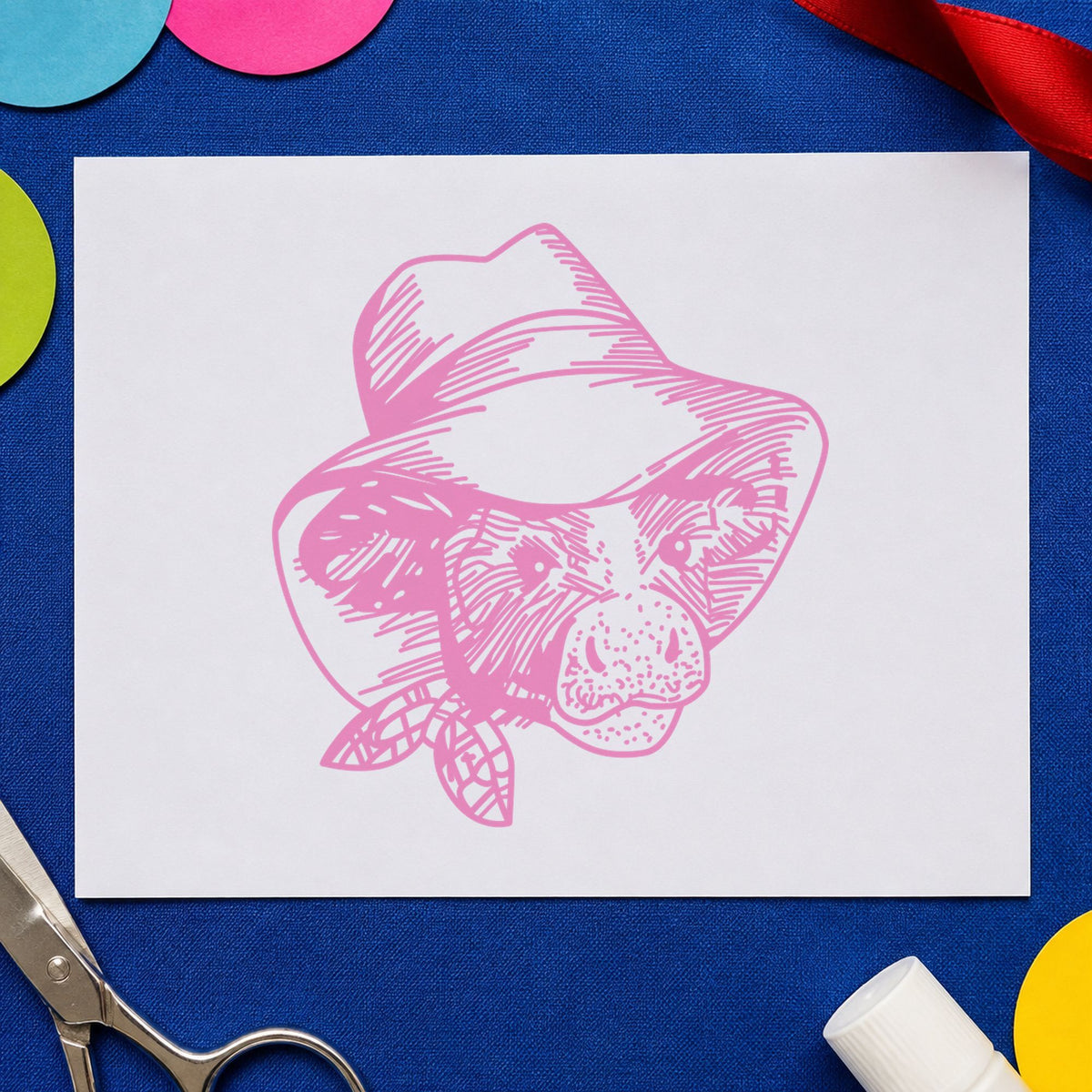Cow in Cowboy Hat Rubber Stamp impression in pink ink on white paper in a styled craft setting.