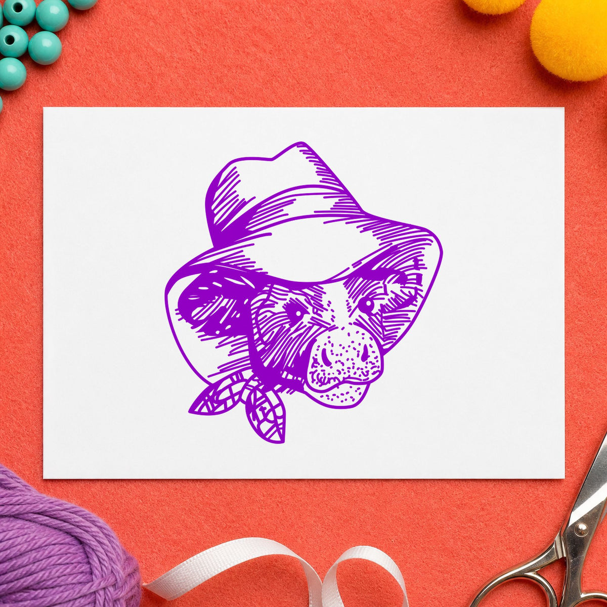 Cow in Cowboy Hat Rubber Stamp impression in purple ink on white paper in a styled craft setting.