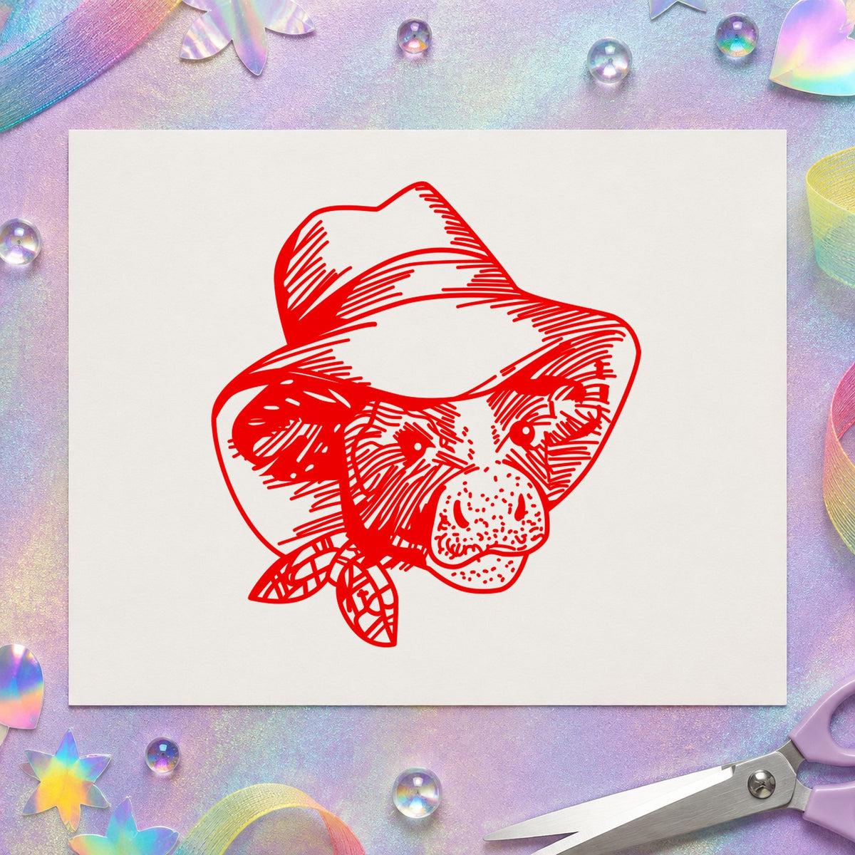 Cow in Cowboy Hat Rubber Stamp impression in red ink on white paper in a styled craft setting.