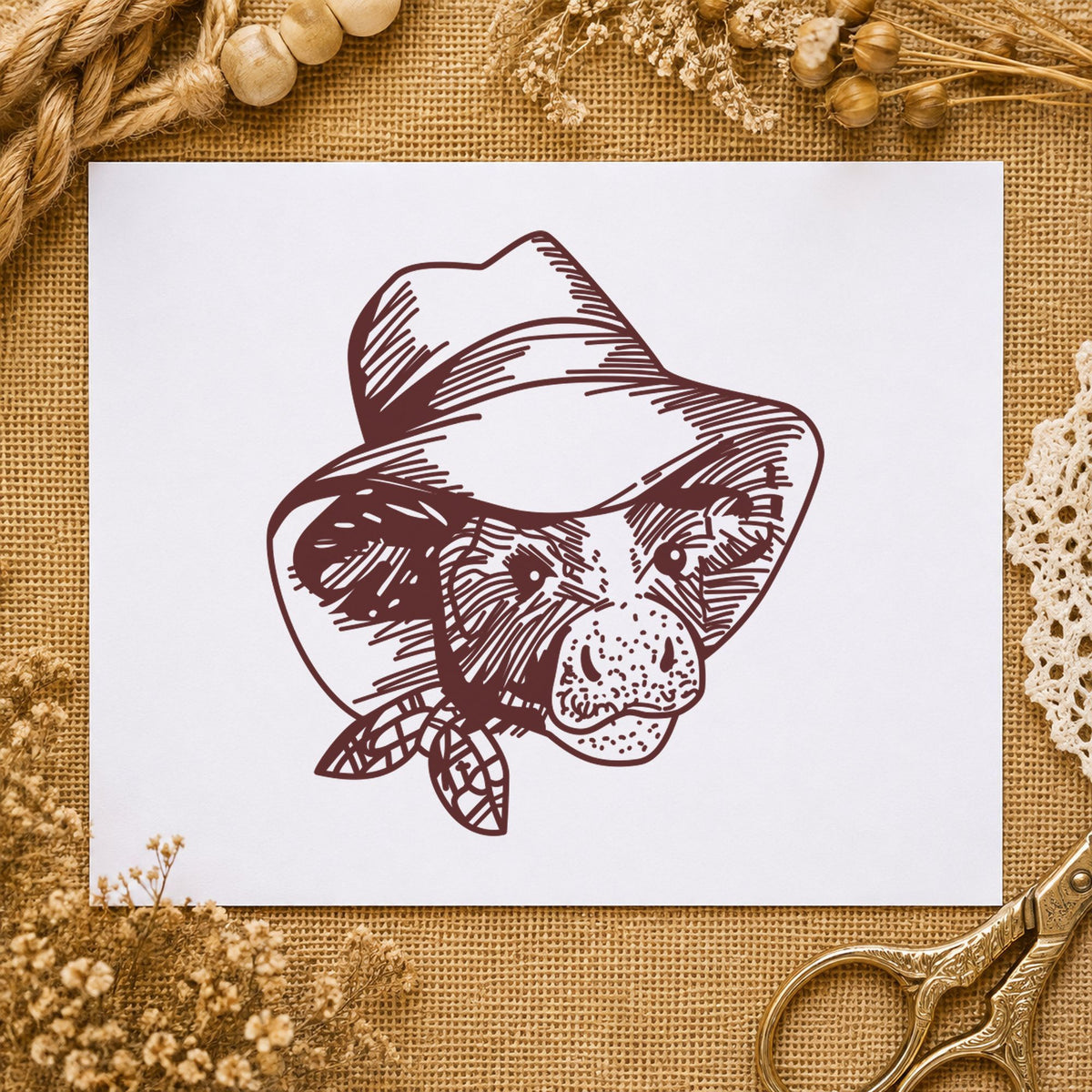 Cow in Cowboy Hat Rubber Stamp impression in brown ink on white paper in a styled craft setting.