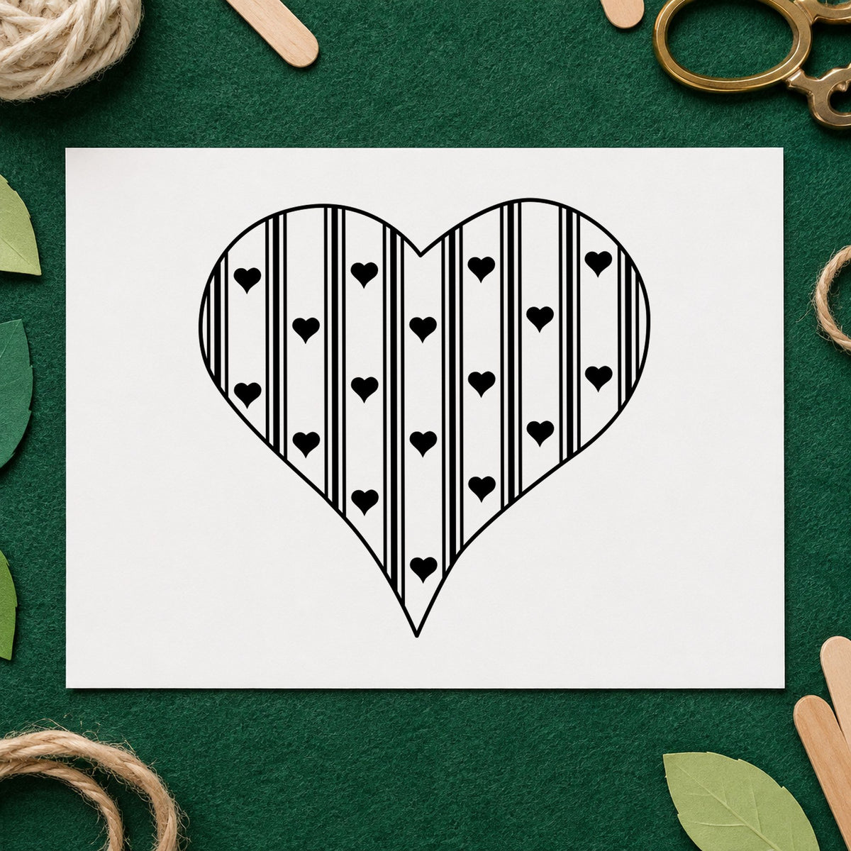Striped Country Heart Rubber Stamp impression in black ink on white paper in a styled craft setting.