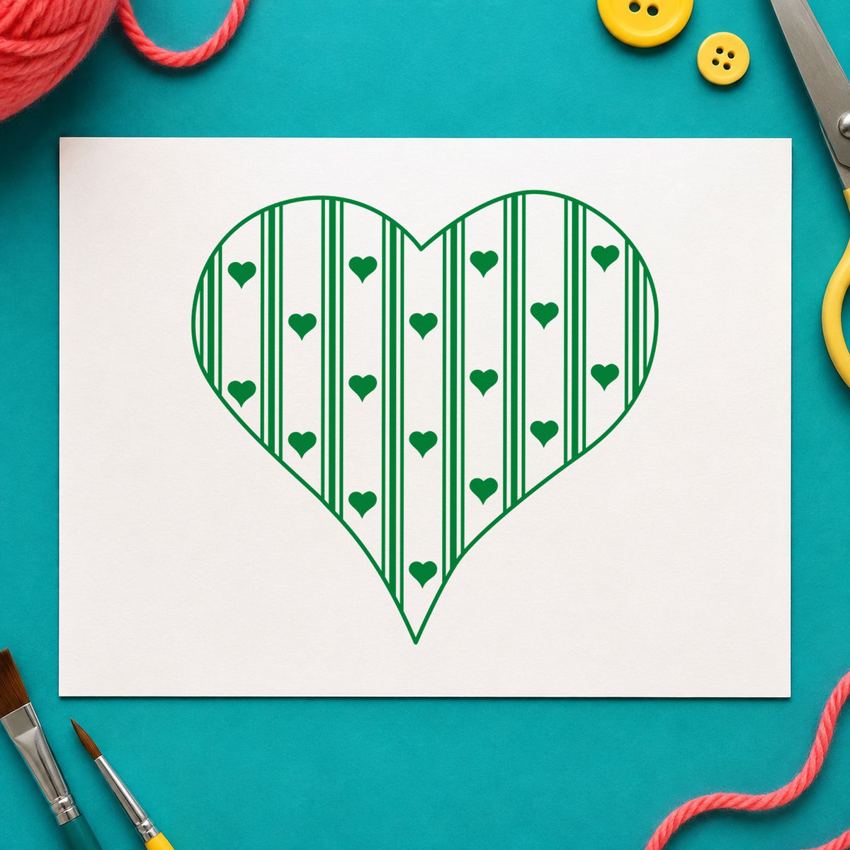 Striped Country Heart Rubber Stamp impression in green ink on white paper in a styled craft setting.