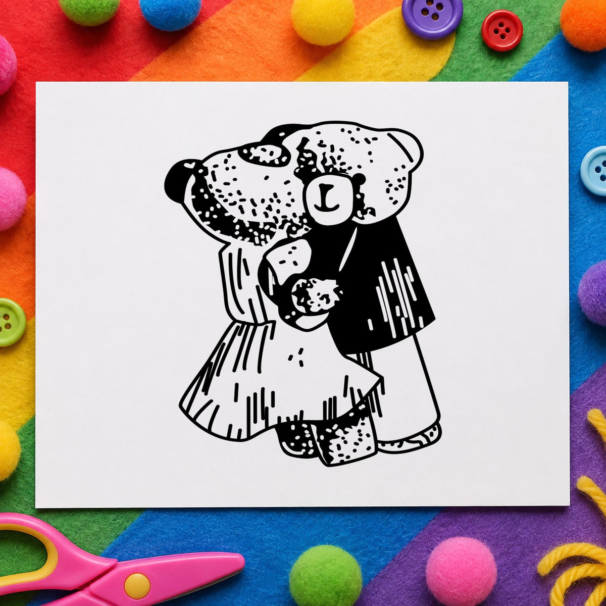 Dancing Teddy Bear Couple Rubber Stamp impression in black ink on white paper in a styled craft setting.