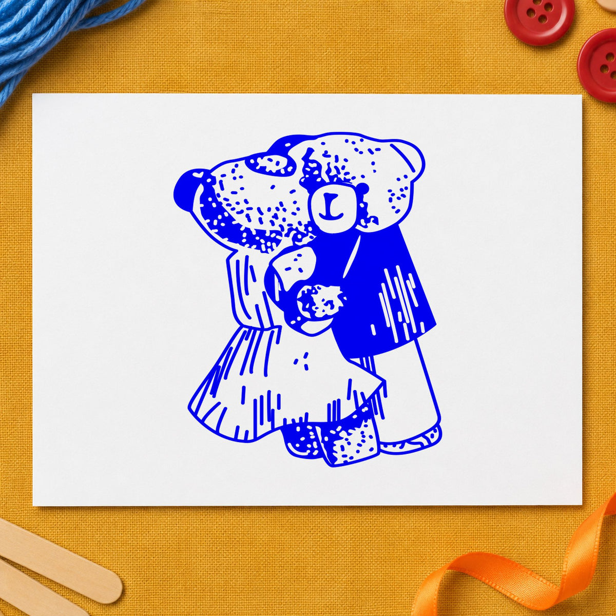 Dancing Teddy Bear Couple Rubber Stamp impression in blue ink on white paper in a styled craft setting.