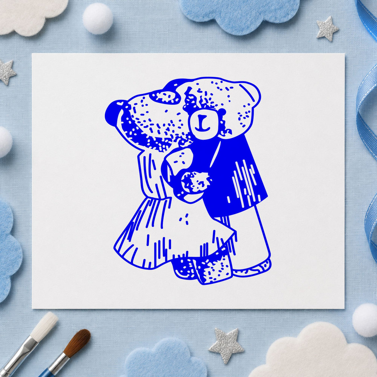 Blue dance craft stamp impression featuring the dancing teddy bear couple design on white paper.