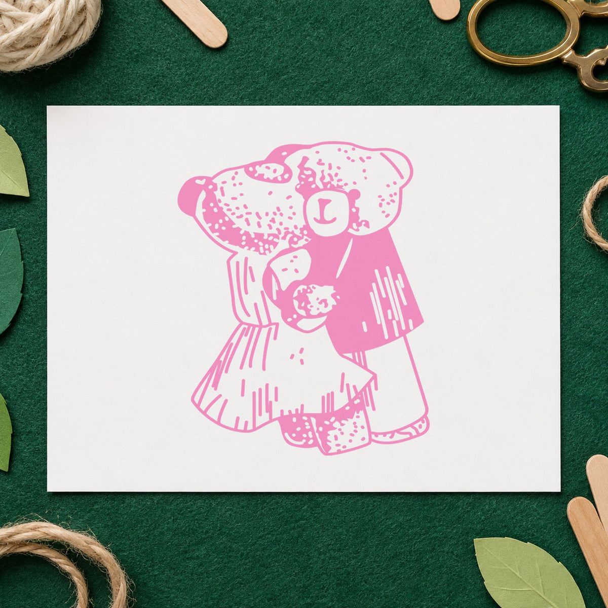 Dancing Teddy Bear Couple Rubber Stamp impression in pink ink on white paper in a styled craft setting.