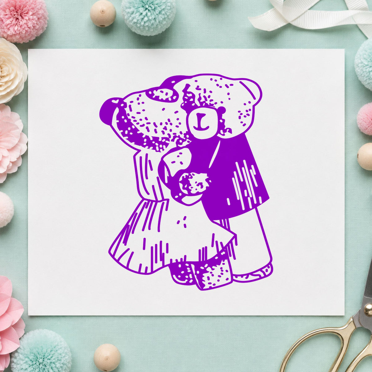 Dancing Teddy Bear Couple Rubber Stamp impression in purple ink on white paper in a styled craft setting.