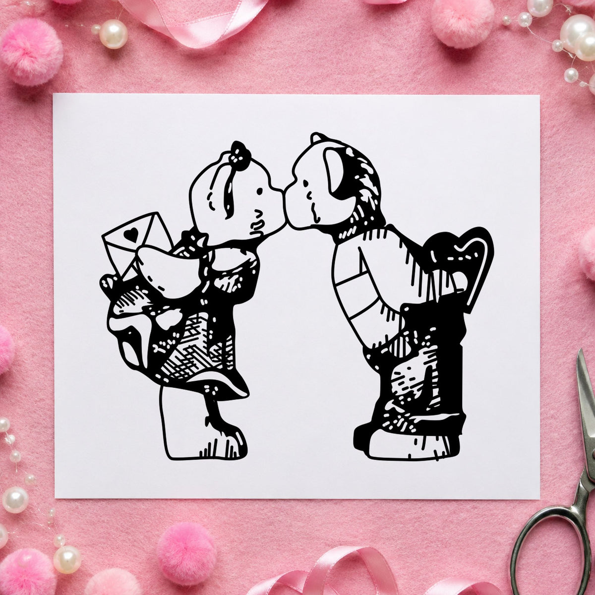 Kissing Bears with Valentines Art Rubber Stamp in use 2