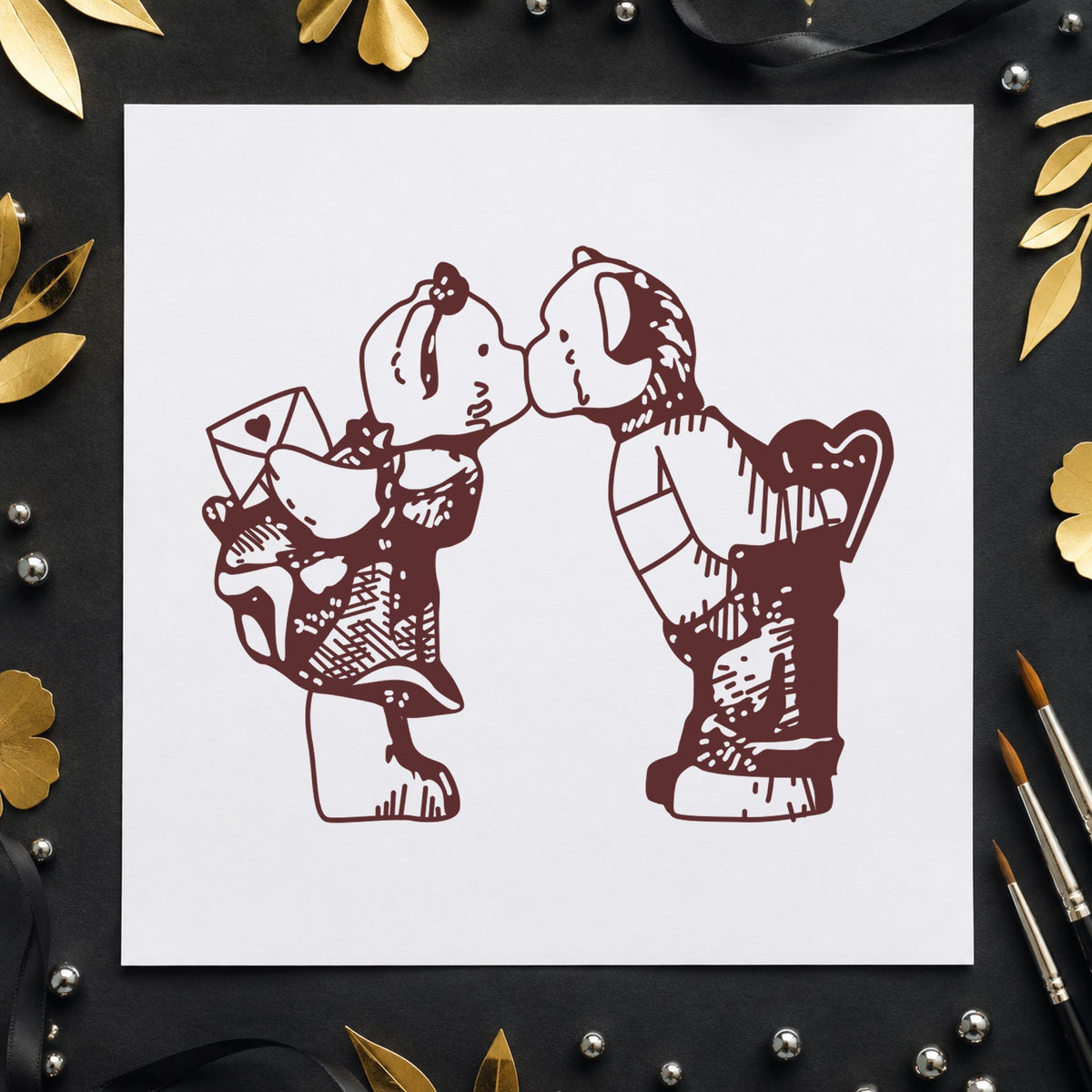 Kissing Bears with Valentines Art Rubber Stamp in use 9