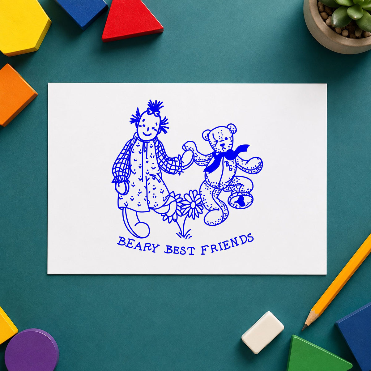Blue teddy bear craft stamp impression featuring the beary best friends bear and doll design on white paper.