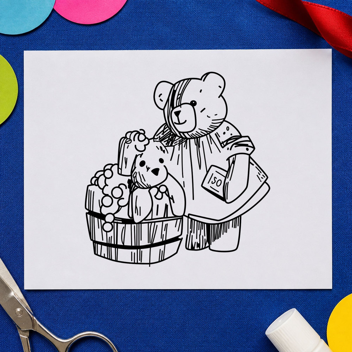 Bear Washing Teddy in Barrel Rubber Stamp impression in black ink on white paper in a styled craft setting.