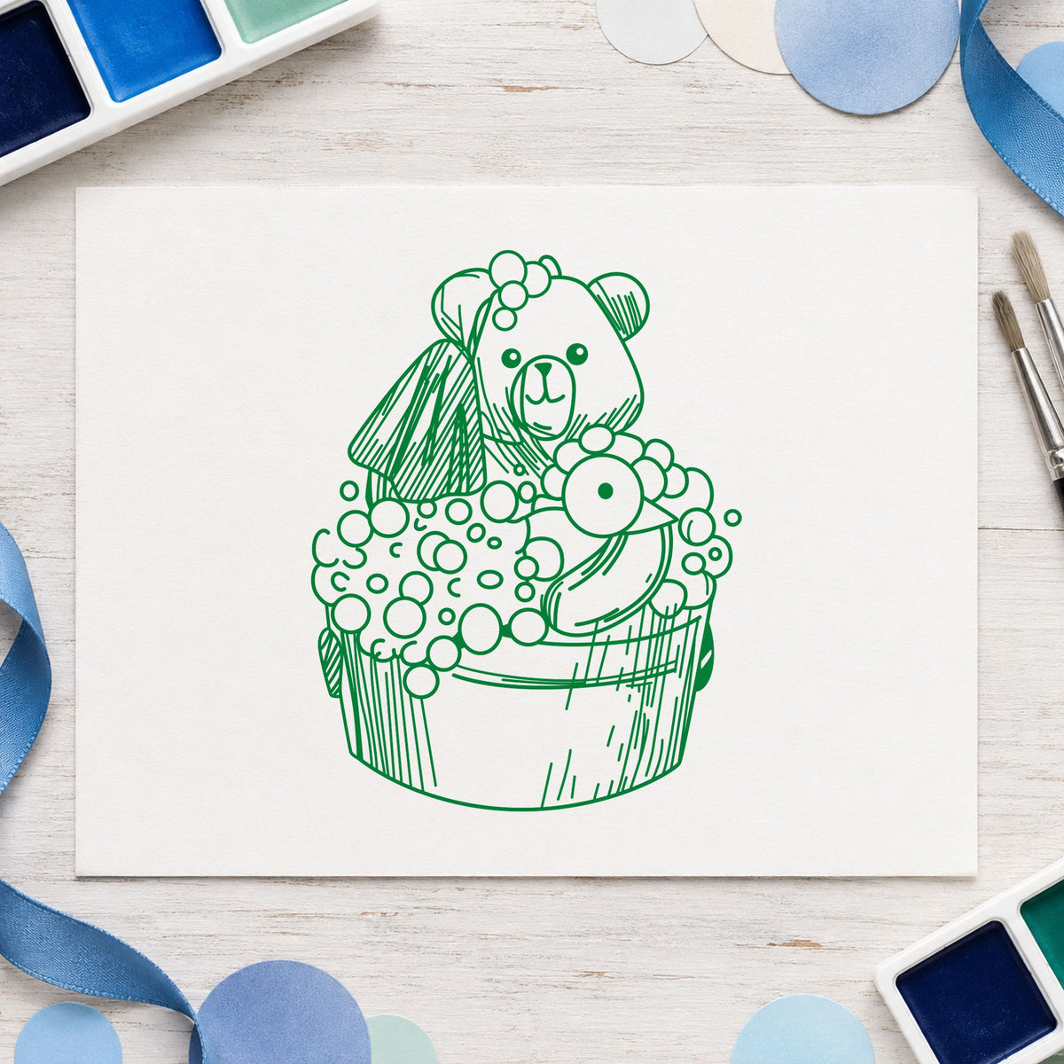 Bear in Wash Bucket Craft Art Stamp in use 5