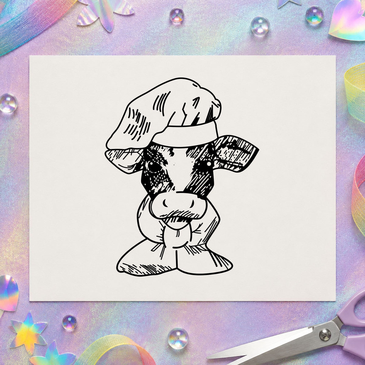Chef Cow Portrait Rubber Stamp impression in black ink on white paper in a styled craft setting.
