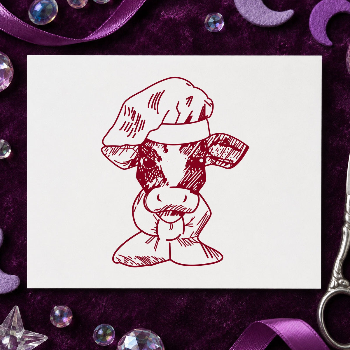 Chef Cow Portrait Rubber Stamp impression in burgundy ink on white paper in a styled craft setting.