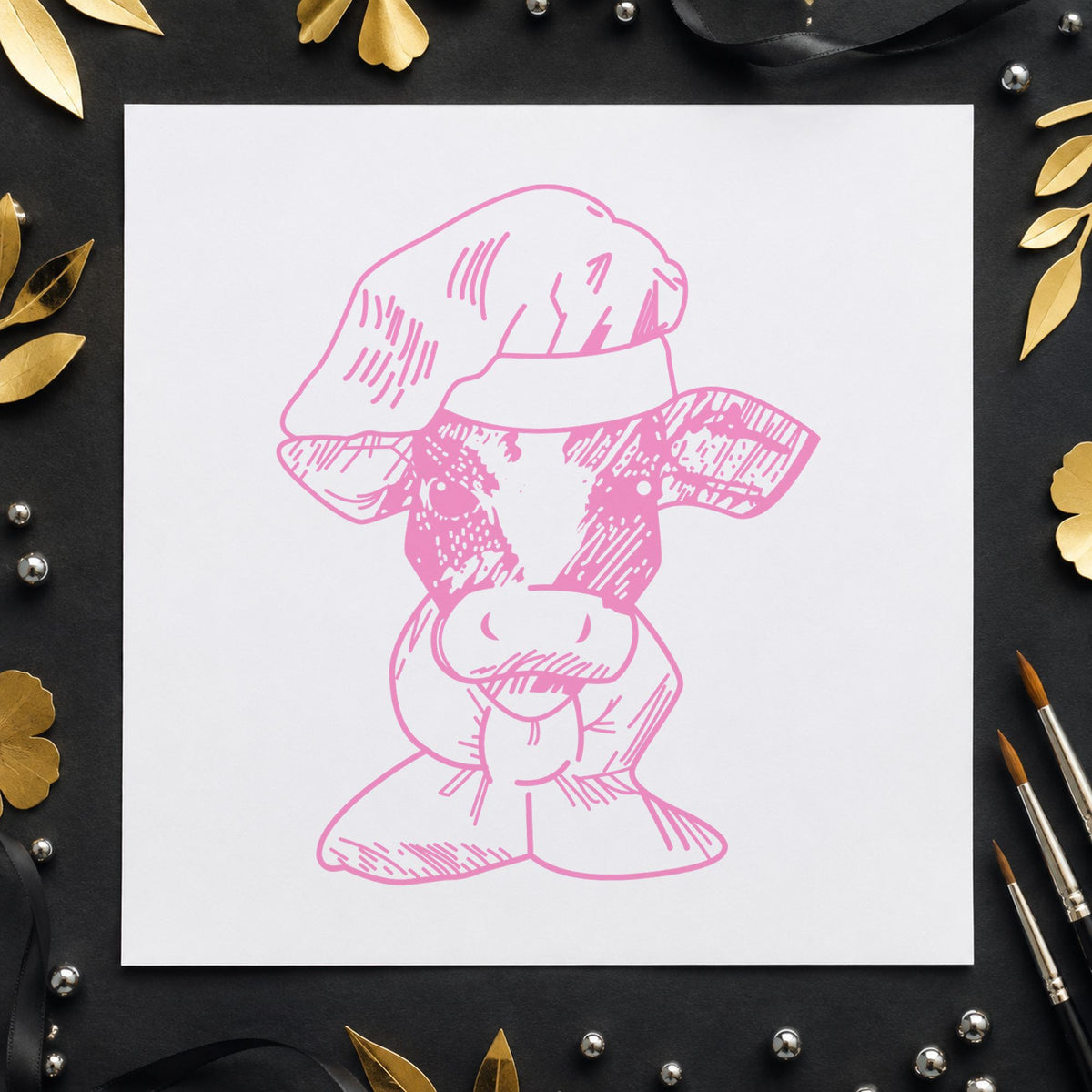 Chef Cow Portrait Rubber Stamp impression in pink ink on white paper in a styled craft setting.