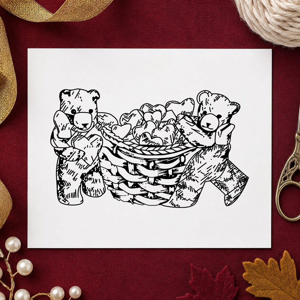 Bears with Basket of Hearts Art Rubber Stamp in use 1